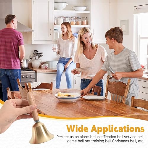 Miniatura 3 de Campana de mano dorada de 3.14 pulgadas grande con mango de madera de latón macizo, campana muy fuerte para servicio de restaurante, timbre de
