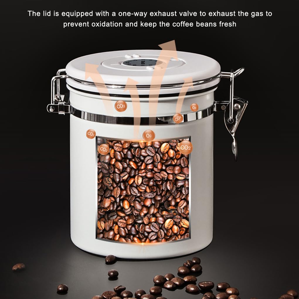 Vakuum-Kaffeebohnen, 1,2 l, luftdichter Behälter mit Datums-Tracker, Tee, großes Fassungsvermögen, für Büro, Lebensmittel, weiß/Stahllöffel, 1200 ml, 2 Stück