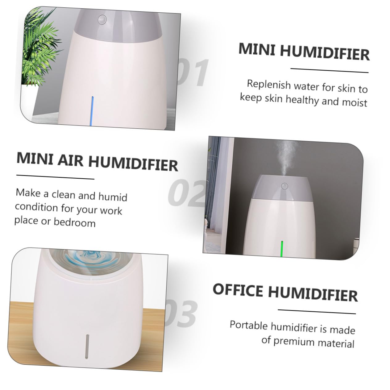 Umidificatore Funzione Timer e Batteria 1800mah Grande Capacità 800ml in Abs Silenzioso e Portatile per Camera da Letto e Ufficio
