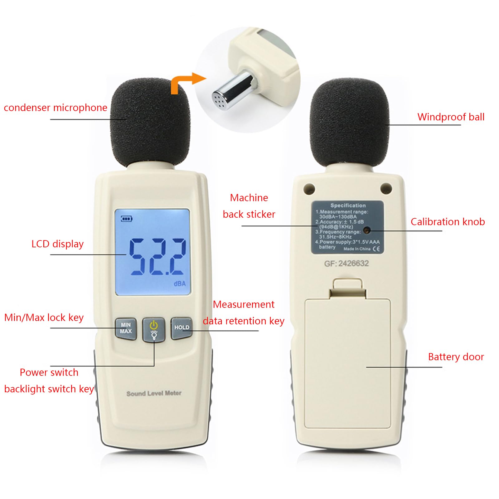 FeiYeup Noise Meter Decibel Meter Digital Sound Level Meter Portable SPL- Meter 30dB to 130dB LCD-Display for Home Factories School Office