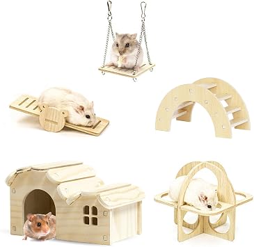 Hamster Toys 5-Piece Set,Hamster House, Swing, Climbing Ladder, Seesaw & Exercise Wheel,Pet DIY Sport Exercise Toys Set, Small Animal Habitat Accessories,Gerbils, MiceNatural Wood A