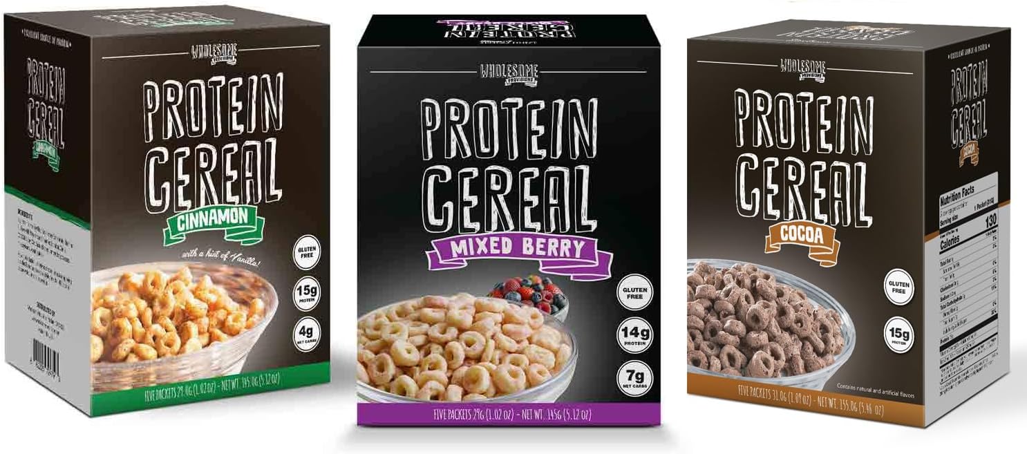 Protein Cereal, Low Carb Cereal, High Protein Cereal, 15g Protein, 5g-6g Net Carbs, High Performance Cereal, 5 Individual Macro-Controlled Packages (3 Pack - Cocoa, Cinnamon, & Mixed Berry)