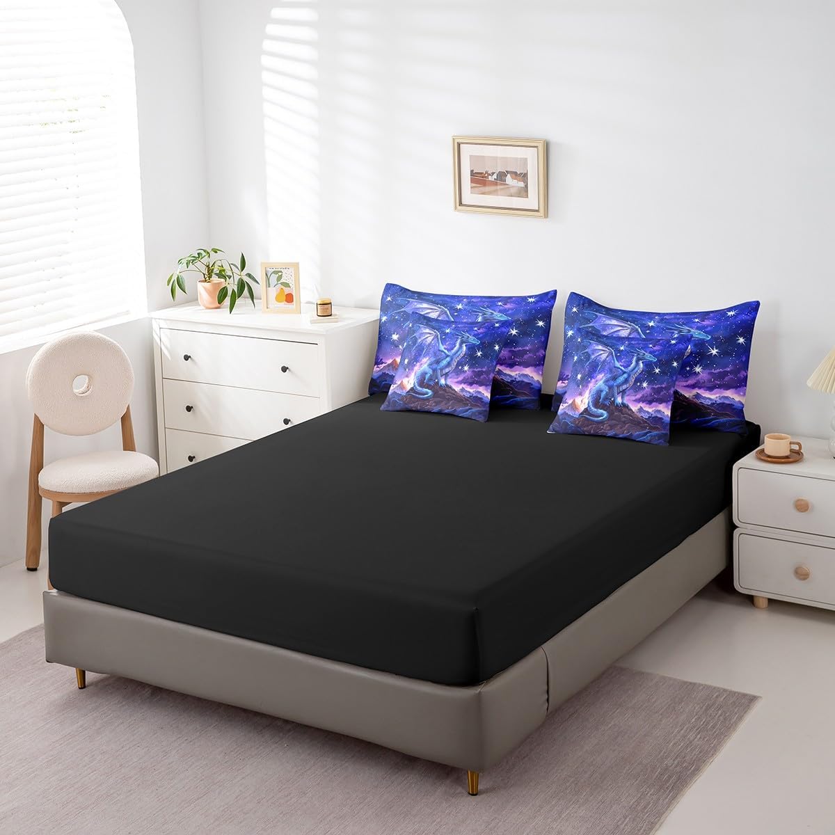 Homewish Twin Size 7 Piece Bedding Sets Dragon Comforter Set Galaxy Starry Sky Glitter Bed Sheet Purple Reversible Printed Quilt Set + Flat Sheet + Fitted Sheet + 2 Pillowcase + 2 Throw Pillow Covers
