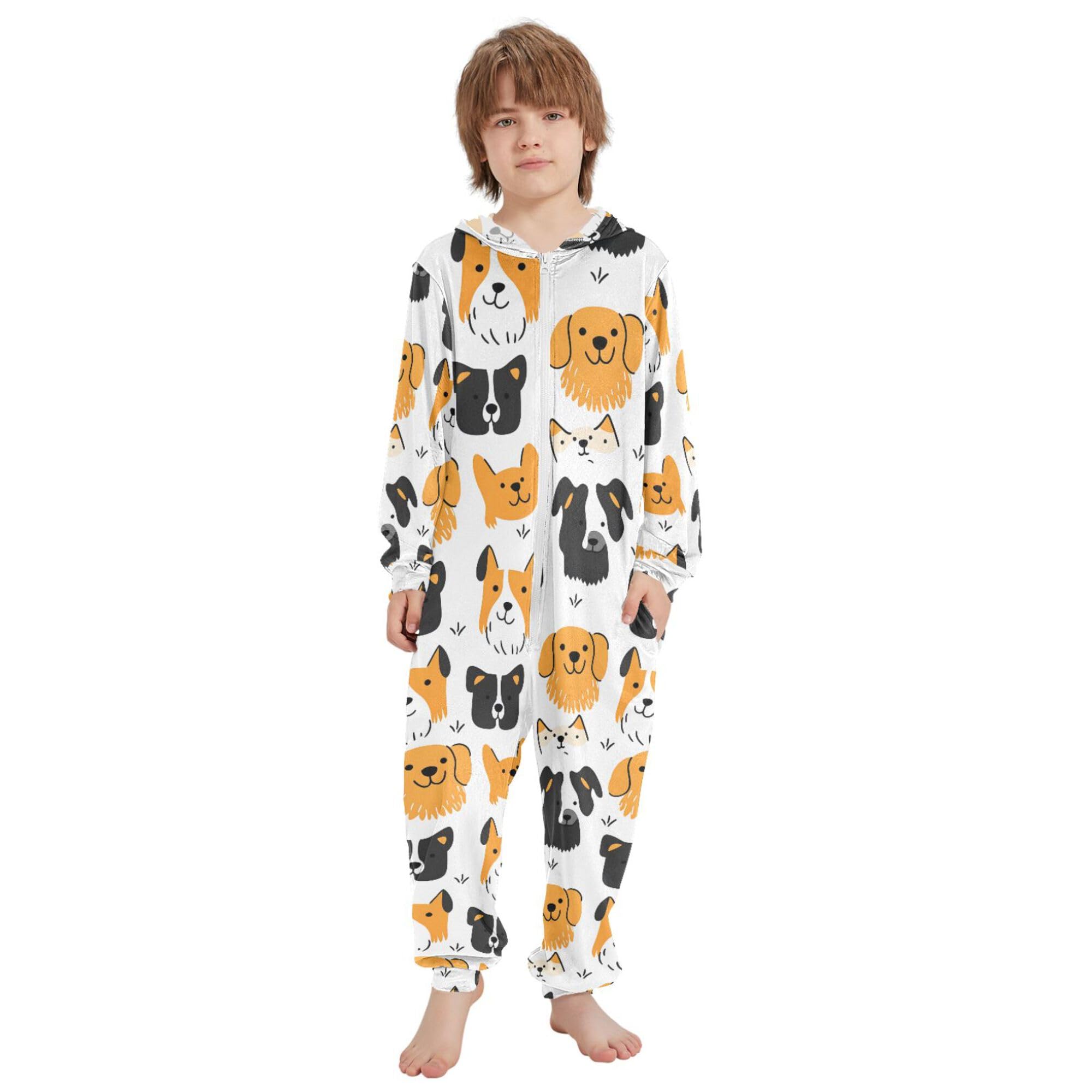 ALAZA Pigiama intero in flanella con cappuccio e cerniera, tuta coordinata per bambini, morbida e calda, abbigliamento sportivo per la casa, 5-6T