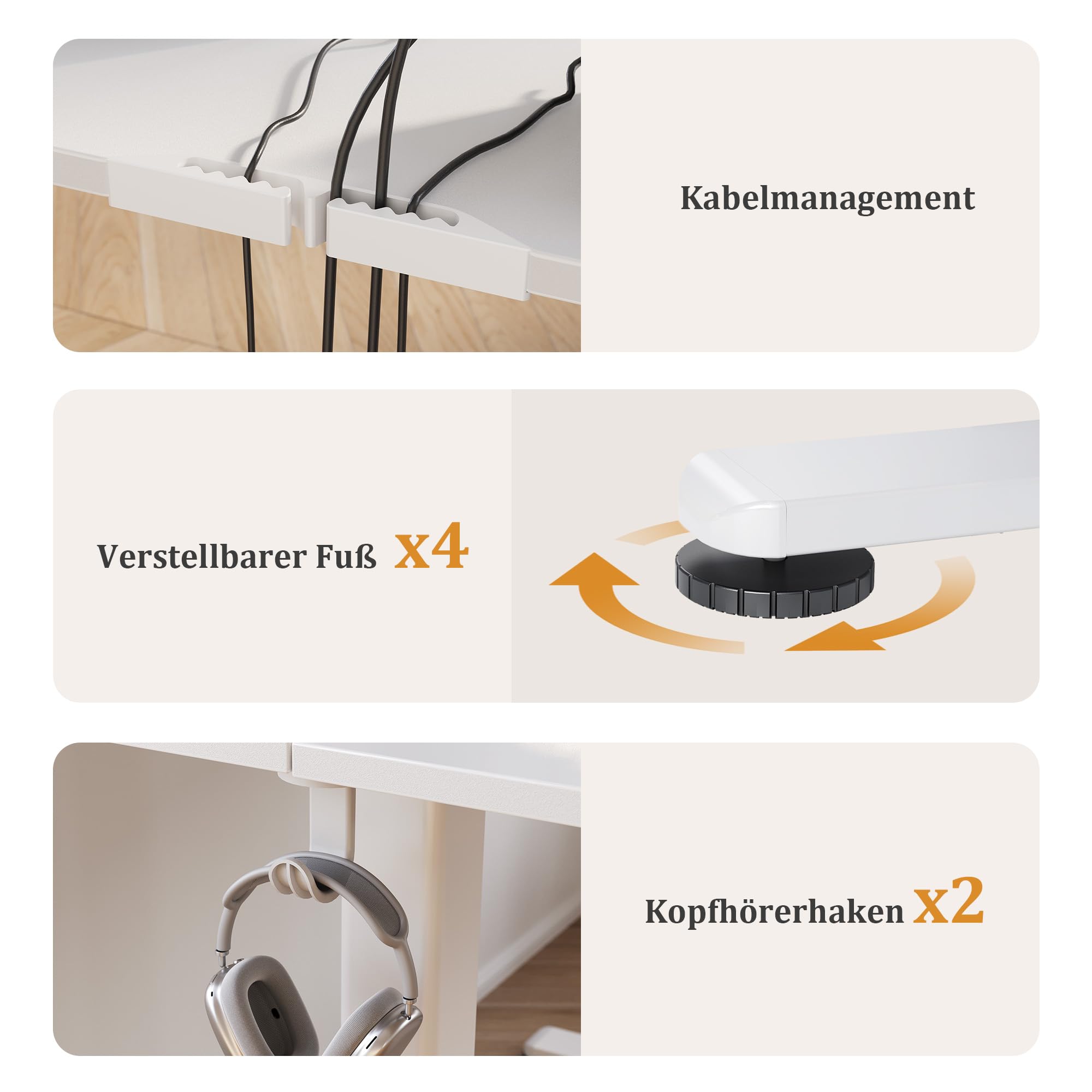 Claiks Höhenverstellbarer Schreibtisch 120x60cm mit Schublade, 80kg Tragkraft Elektrisch Schreibtisch Höhenverstellbar mit 3-Funktions-Memory und 2 Kopfhörerhaken, Standing Desk with Drawer, Weiß