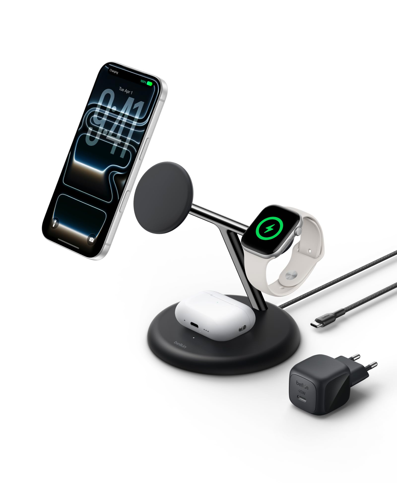 Belkin UltraCharge Pro Cargador Inalámbrico Magnético 3 en 1 Qi2 25W Negro | Estación de Carga Inalámbrica MagSafe, Certificación Qi2.2, iPhone, Apple Watch y Auriculares, Cable USB C y Adaptador 45W