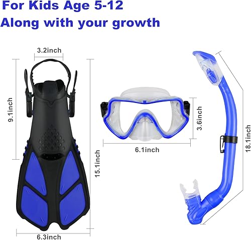 Miniatura 5 de AosDero Juego de esnórquel para niños aletas ajustables para natación máscara de esnórquel panorámica tubo de esnórquel seco  bolsas de viaje equipo