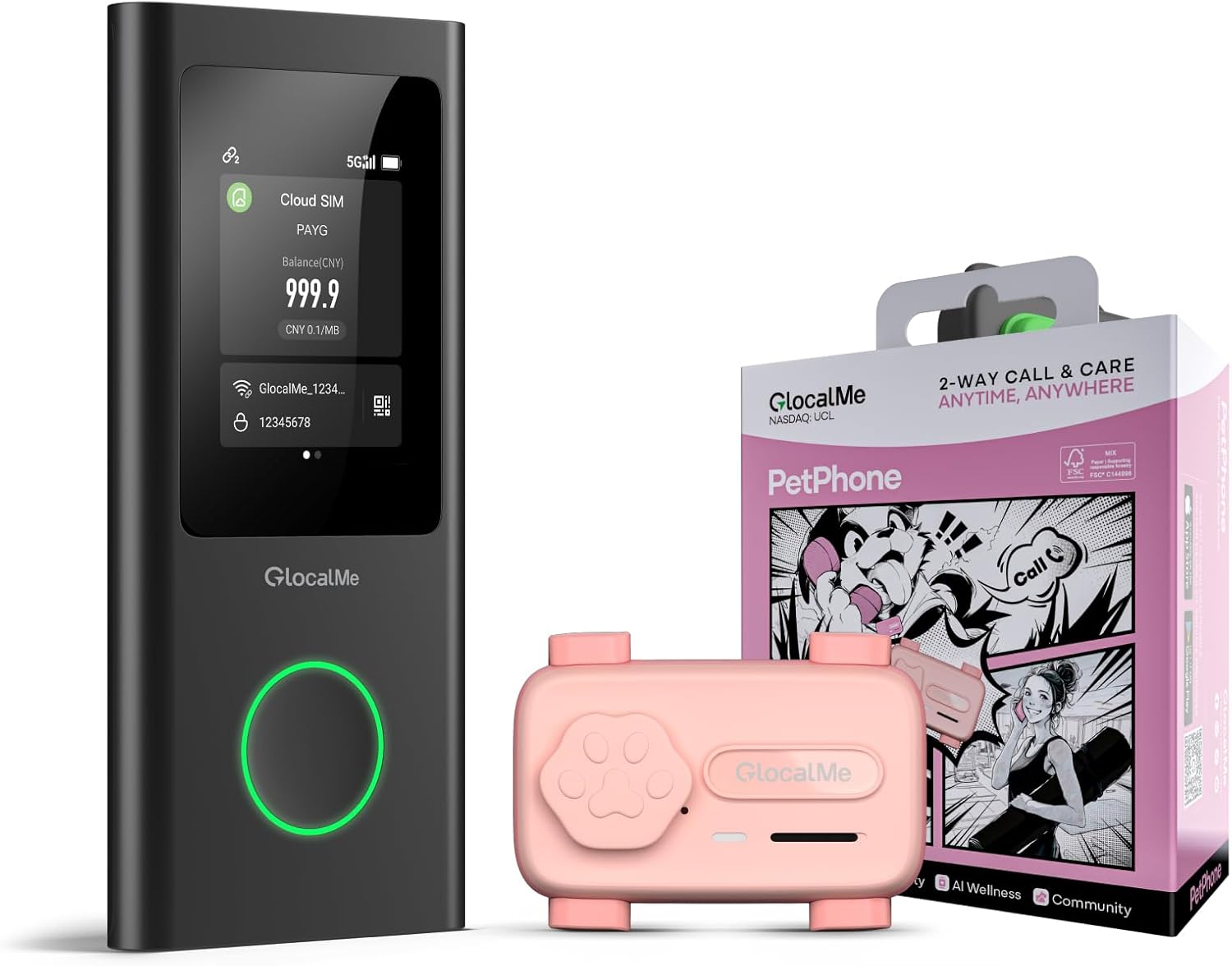 PetPhone for Pet and GlocalMe Numen Air 5G Mobile Hotspot, Portable WiFi Hotspot for Travel in 200+ Countries