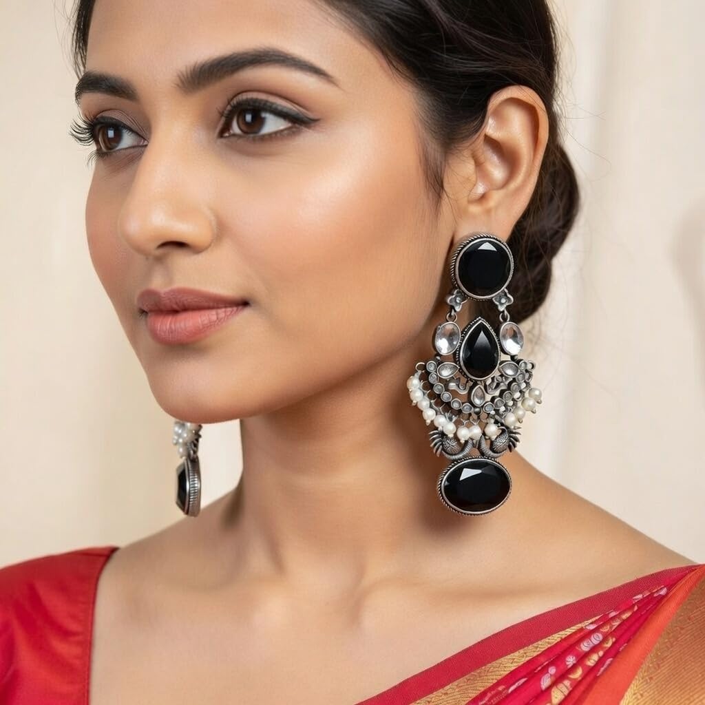 Efulgenz Indian Oxidized Jewelry Antique Boho Oxidized Indian Earrings for Women Faux Pearl Crystal Oxidized Chandelier Jhumka Jhumki Earrings Set Bohemian Statement Earrings Jewelry Set for Women