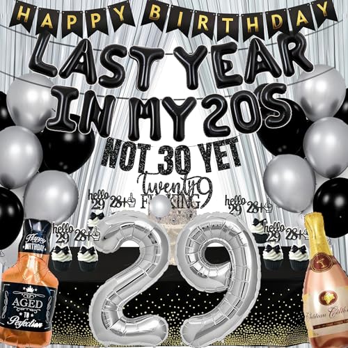 Last Year In my 20S Birthday Decorations for Men 29th Birthday Party Supplies Decor include Balloon Banner Not 30 Yet Glitter Banner Cake Topper Cupcake Toppers Tablecloth (black and silver)
