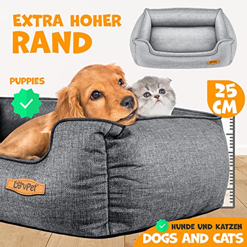 Lovpet® Hundebett Hundekissen Hundekorb Chiller, Inkl. Napf + 3X Kauknochen, Hundesofa Kissen für Kleine, Mittelgroße & Große Hunde, Bezug abnehmbar und waschbar, L 90 x 75 x 25 cm Grau