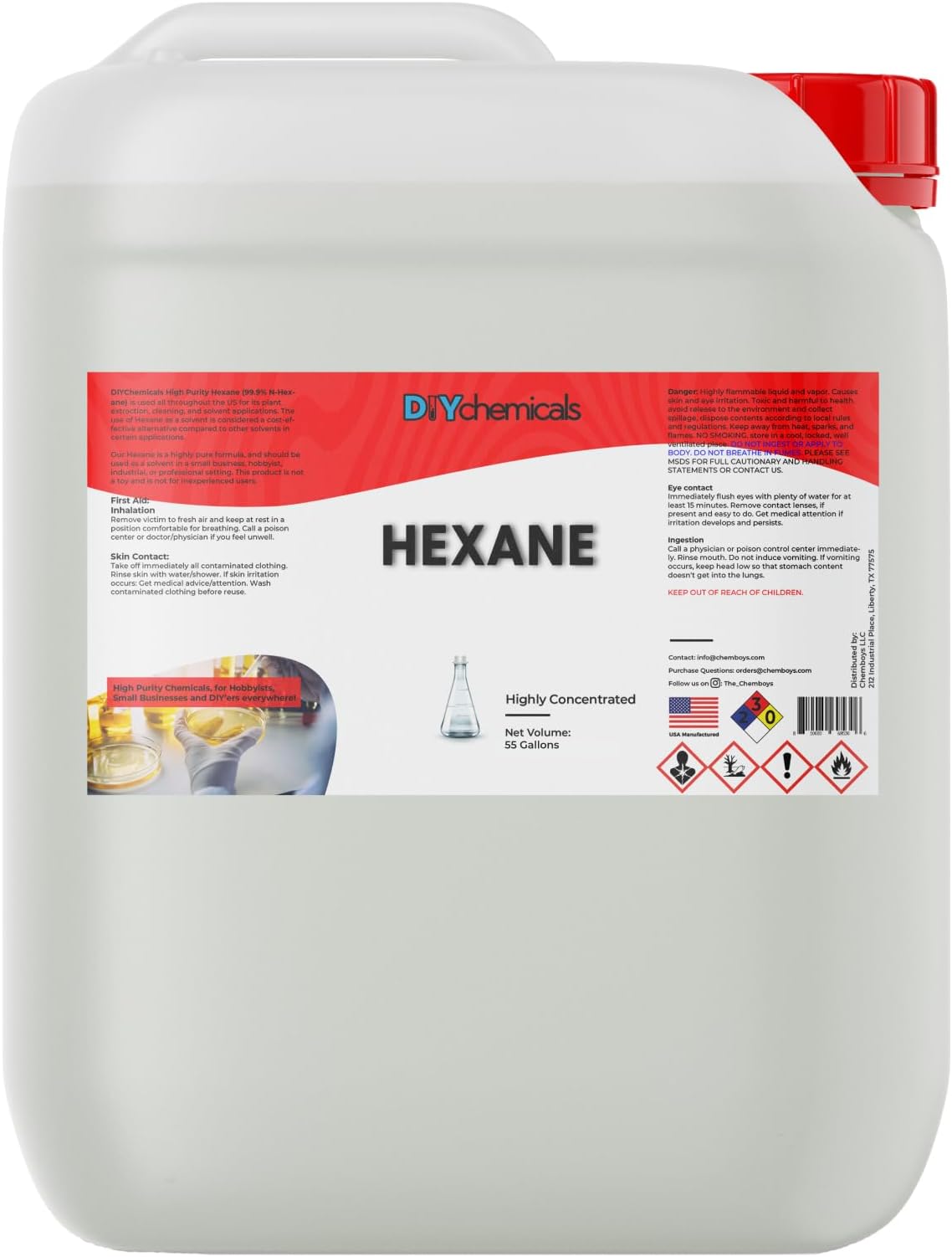 DIYChemicals Hexane –- High Purity Laboratory Grade Industrial Nonpolar Solvent for Cements, Ink, Botanical Plant Extraction - Made in USA - 55 Gallon Drum