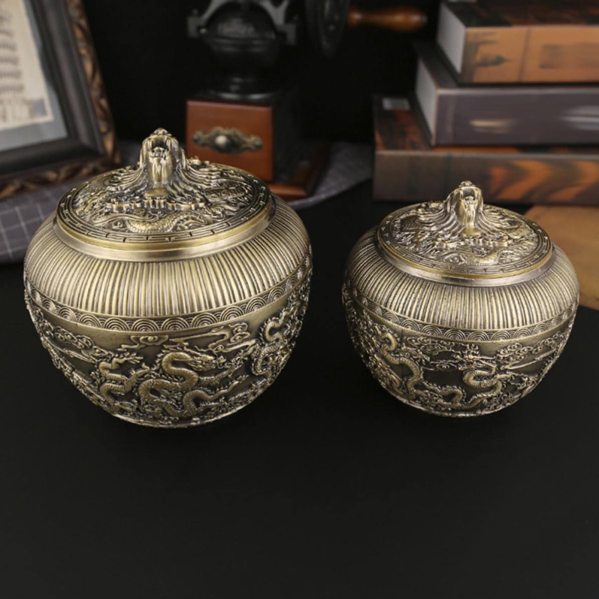 Uonlytech Tarro de Té de Aleación Dorado Tapa y Diseño Retro Dragón