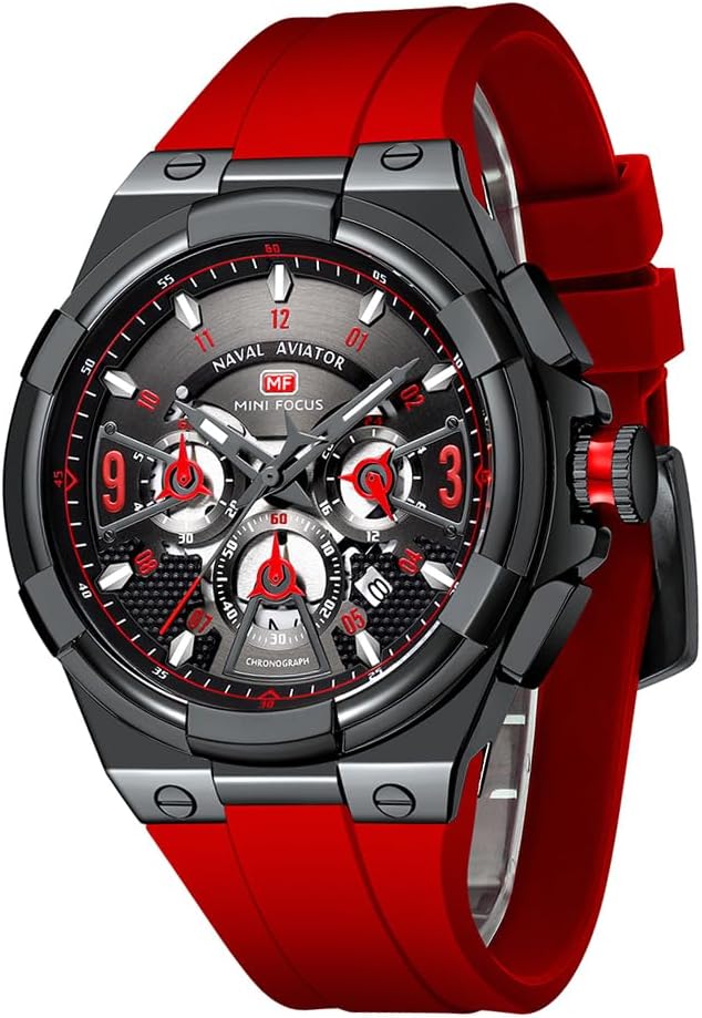 MF MINI FOCUS Mens Watches Unique Hollow Casual Wrist Watch (Chronograph/Waterproof/Luminous/Calendar/24 Hour) Silicon Band Fashion Watch for Men