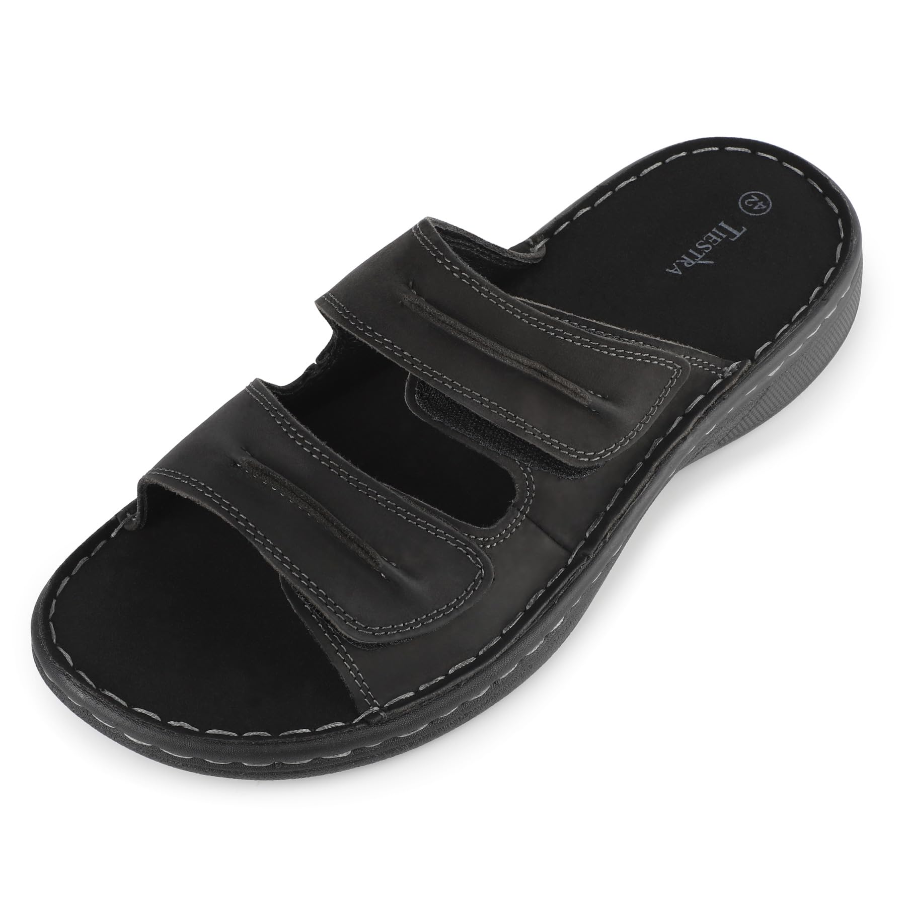 TIESTRA Sandalias Hombre Cuero Comodas,Sandals Hombre Verano Zapatillas playa Hombre Piscina Marron Negro 42-47 EU