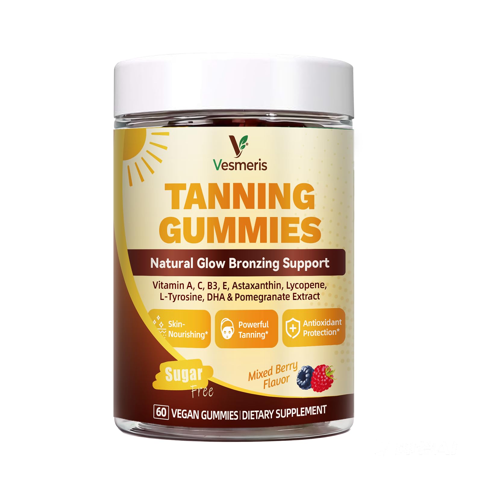 Tanning Gummies with Astaxanthin 24mg, Sunless Tanning Supplement with Beta Carotene, Vitamins for Natural Glow, Skin Health, Antioxidant & Self Tanner, Vegan & Sugar Free, Mixed Berry Flavor