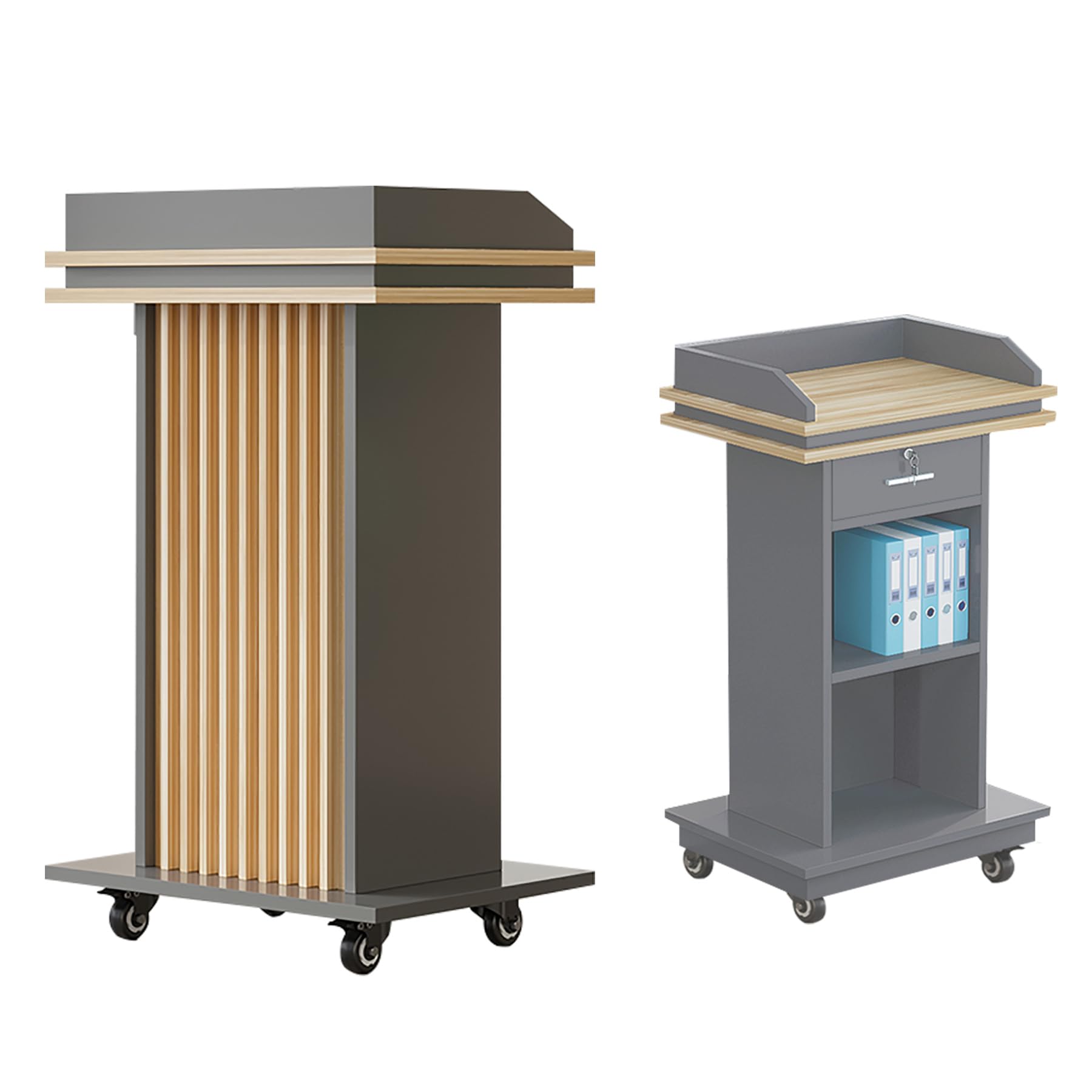 Height-Adjustable Portable Podium Stand With Wheels - Mobile Lectern With Shelf, Cup Holder & Cable Hole, Black