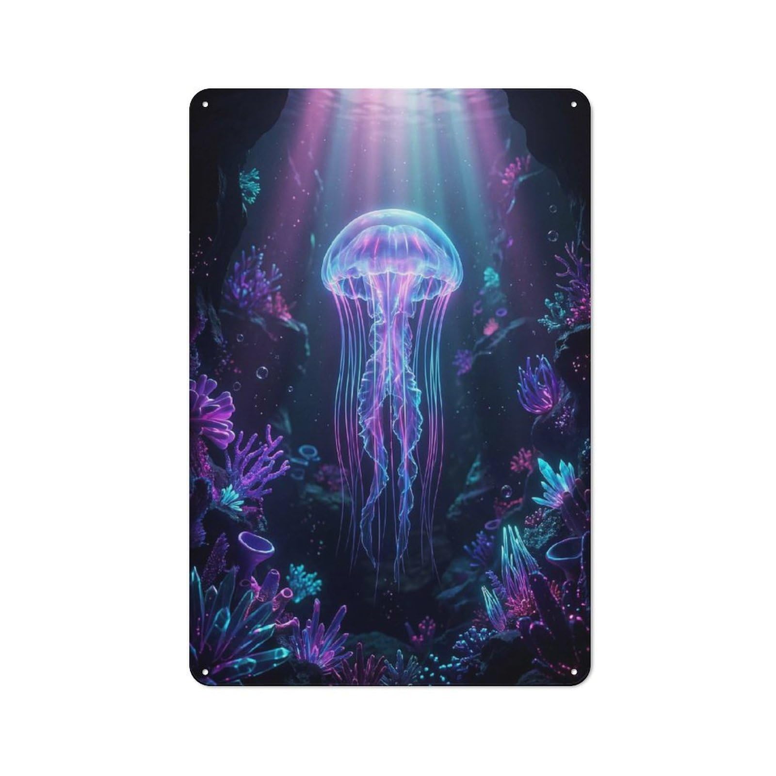 Junmoney Style-15 Bioluminescent Jellyfish In Coral Reef Retro Tin Wall Plaque 30X20cm For Hobby Room Or Studio, For Garage, Workshop And Man Cave Decoration