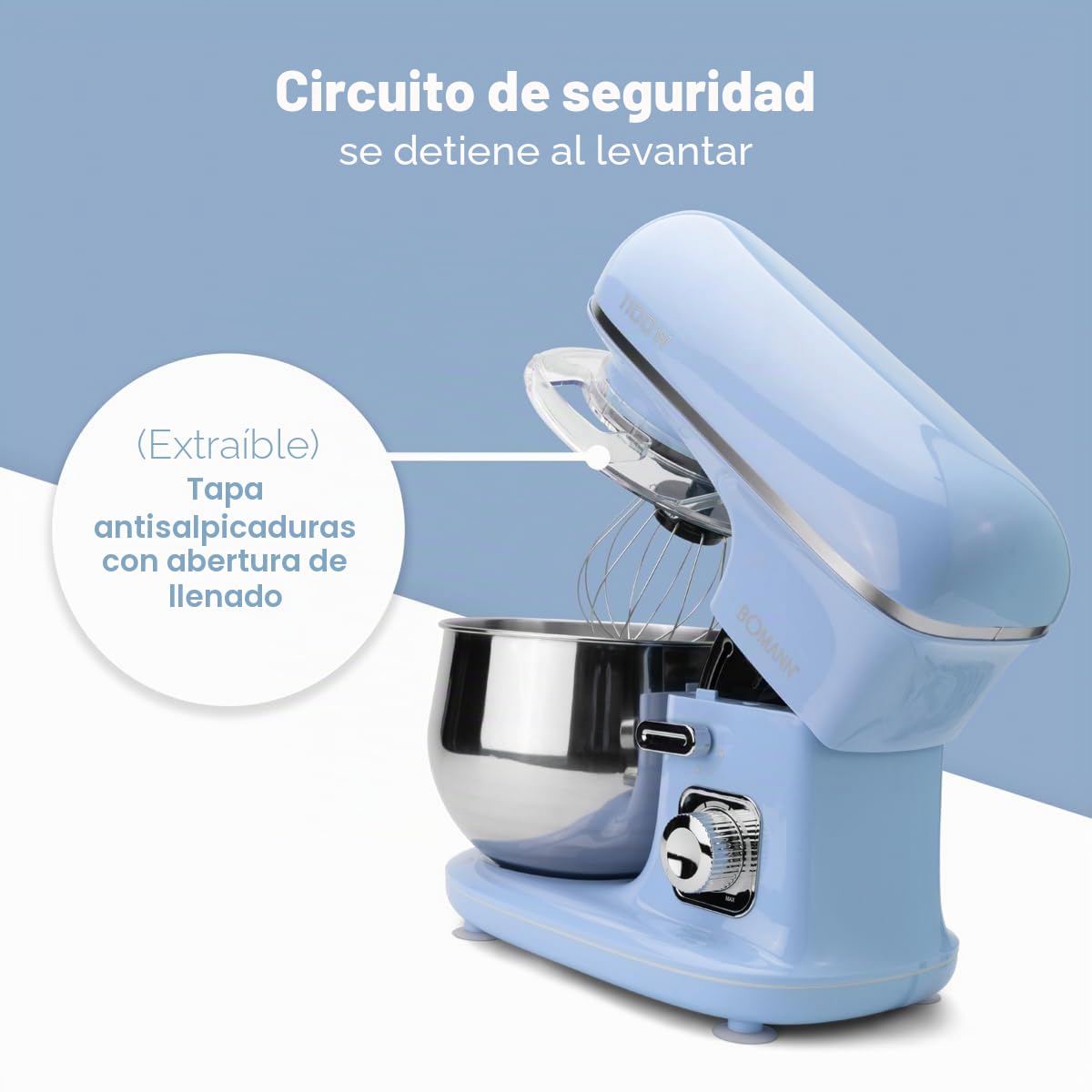 Bomann KM 6030 Batidora Amasadora Repostería Capacidad de 5 Litros, Velocidad Regulable Electrónica, Serie Rock & Retro Estilo Vintage, 1100 W, Azul Patel