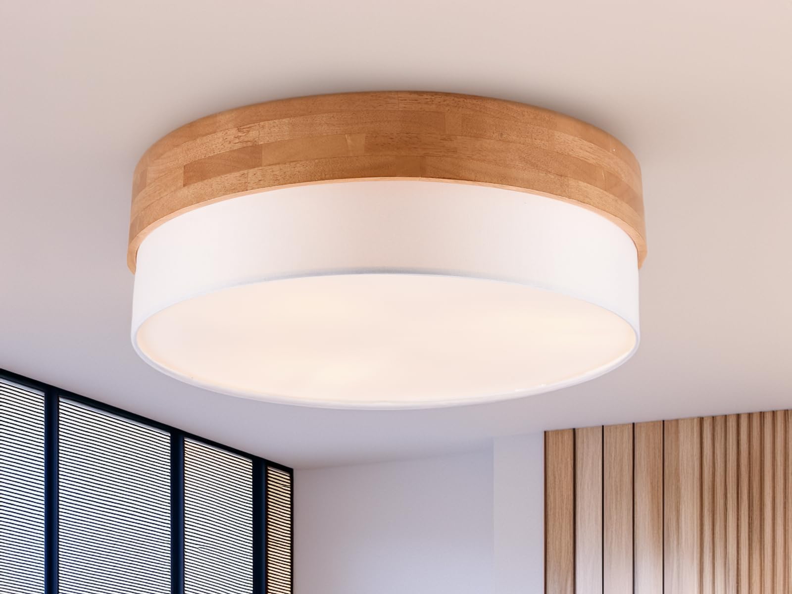 meineWunschleuchte Deckenleuchte Ø 50cm groß aus Holz mit Stoffschirm Weiß, Holzlampe Decke rund skandinavisch Landhausstil Deckenlampe Wohnzimmer Schlafzimmer