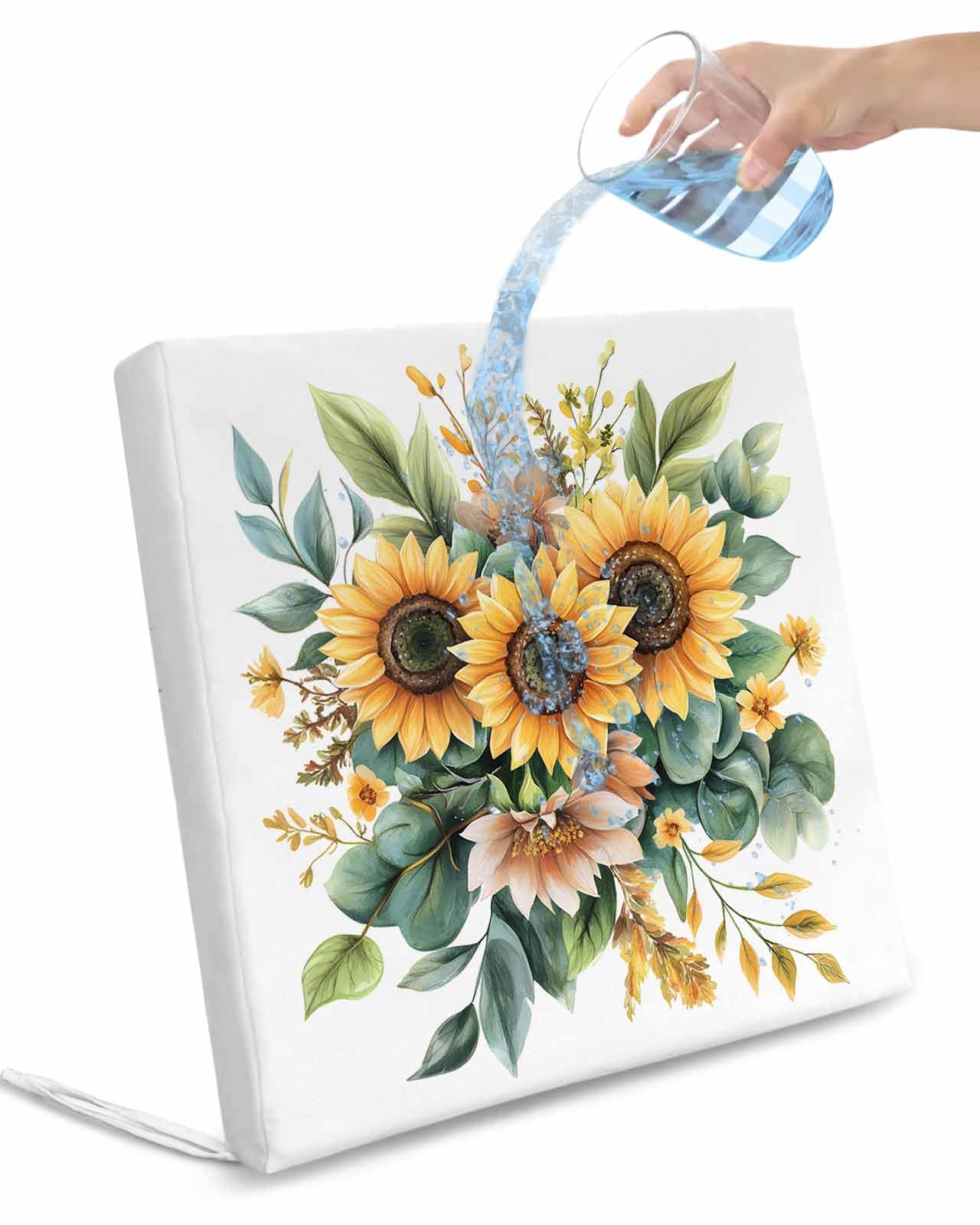 2 Pack Sunflower Waterproof Cushion Covers with Ties, Outdoor Patio Chaise Lounge Chair Seat Cushion Slip Covers Replacement(Only Cover) Vintage Plant Leaf Eucalyptus Garden Floral 22