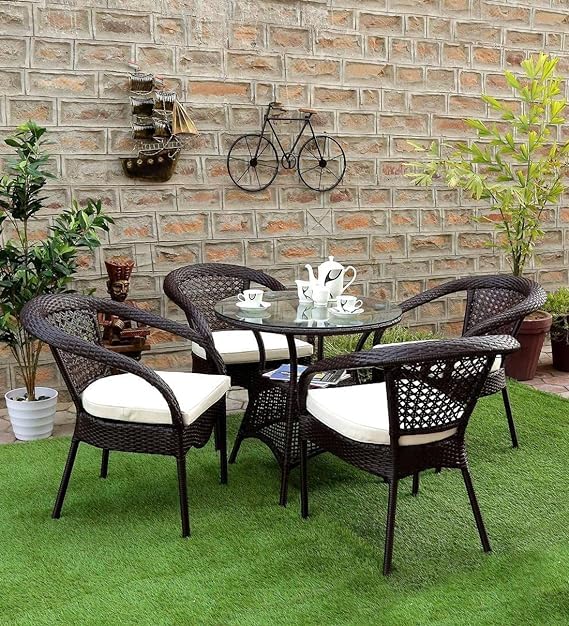 Image of India 4+1 Outdoor Indoor Patio Furniture Sets Rattan Chair Patio Set Conversation Set Bistro Set Chairs Balcony Rooftop Outdoor Garden Furniture Chair with Cushion Set (Brown & Cream)