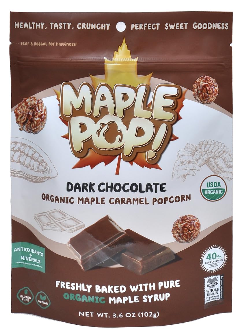 Maple Pop!-Organic Gourmet Popcorn | Oven-Baked | Gluten-Free | Air-Popped | Vegan | Flavored Popcorn Gourmet | Kids Sweet Snack Packs | Maple Pop! Organic Caramel Popcorns (Dark Chocolate, Pack of 4)