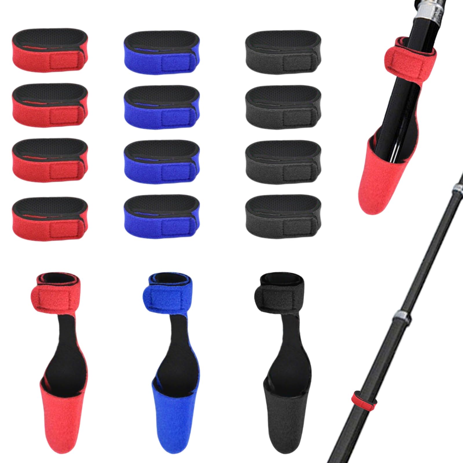 Fishing Rod Accessories 12Pcs Secure Hold Straps with 3 Tip Protectors Elastic Velcro Bands for Pole Gear Storage