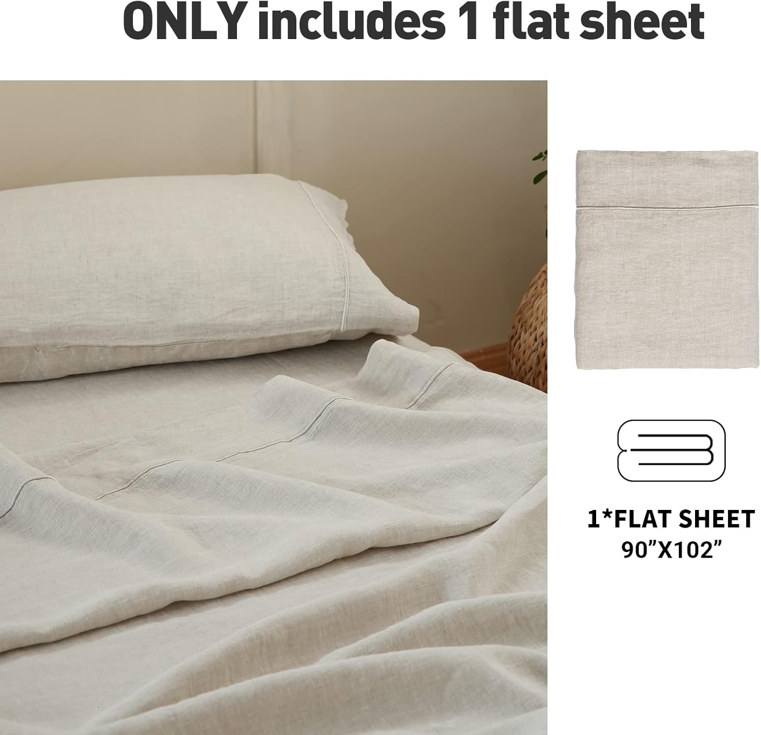 Simple&Opulence French Linen Flat Sheet with Embroidered Border-100% Stone Washed Flax Bedding,Queen Size(90''x102'') Ultra Soft,Breathable Flat Top Sheet-1 Piece Bed Flat Sheet Only(Linen)