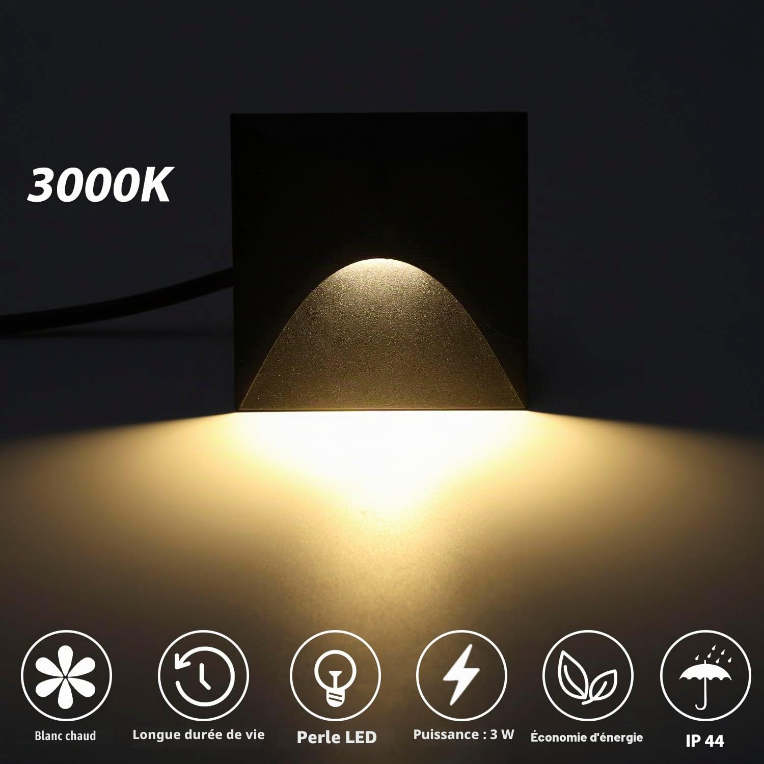 Arotelicht 4 Lampes d'escalier LED 3W Blanc Chaud 3000K Applique Murale en Aluminium 230V à angle encastré IP44 étanche Intérieur Extérieur Noir Lumière des marches, avec boîte d'encastrement