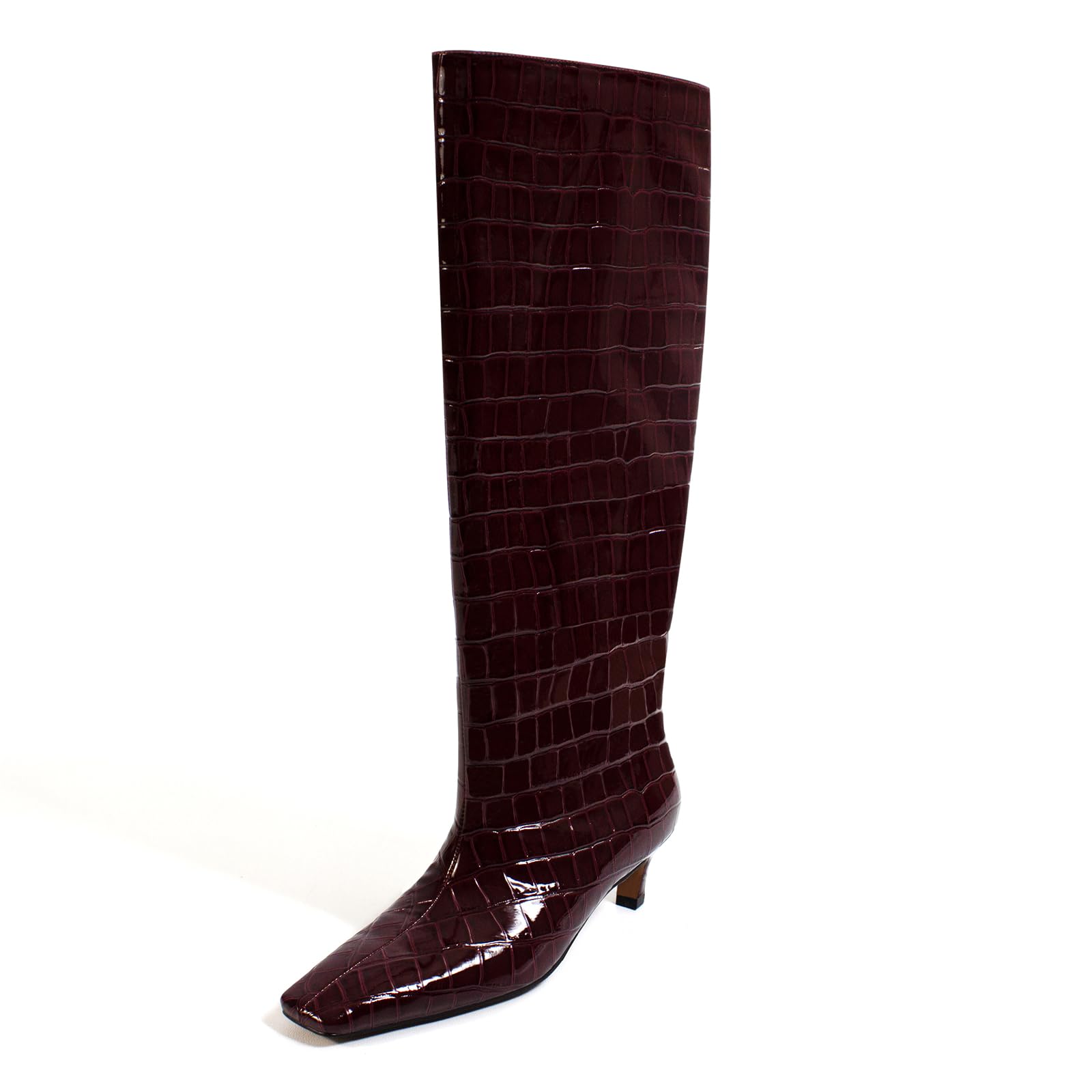 iadore Womens Western Knight Boots Vegan Leather Crocodile Printed Square Toe Kitten Heel Wide Straight Shaft Knee High