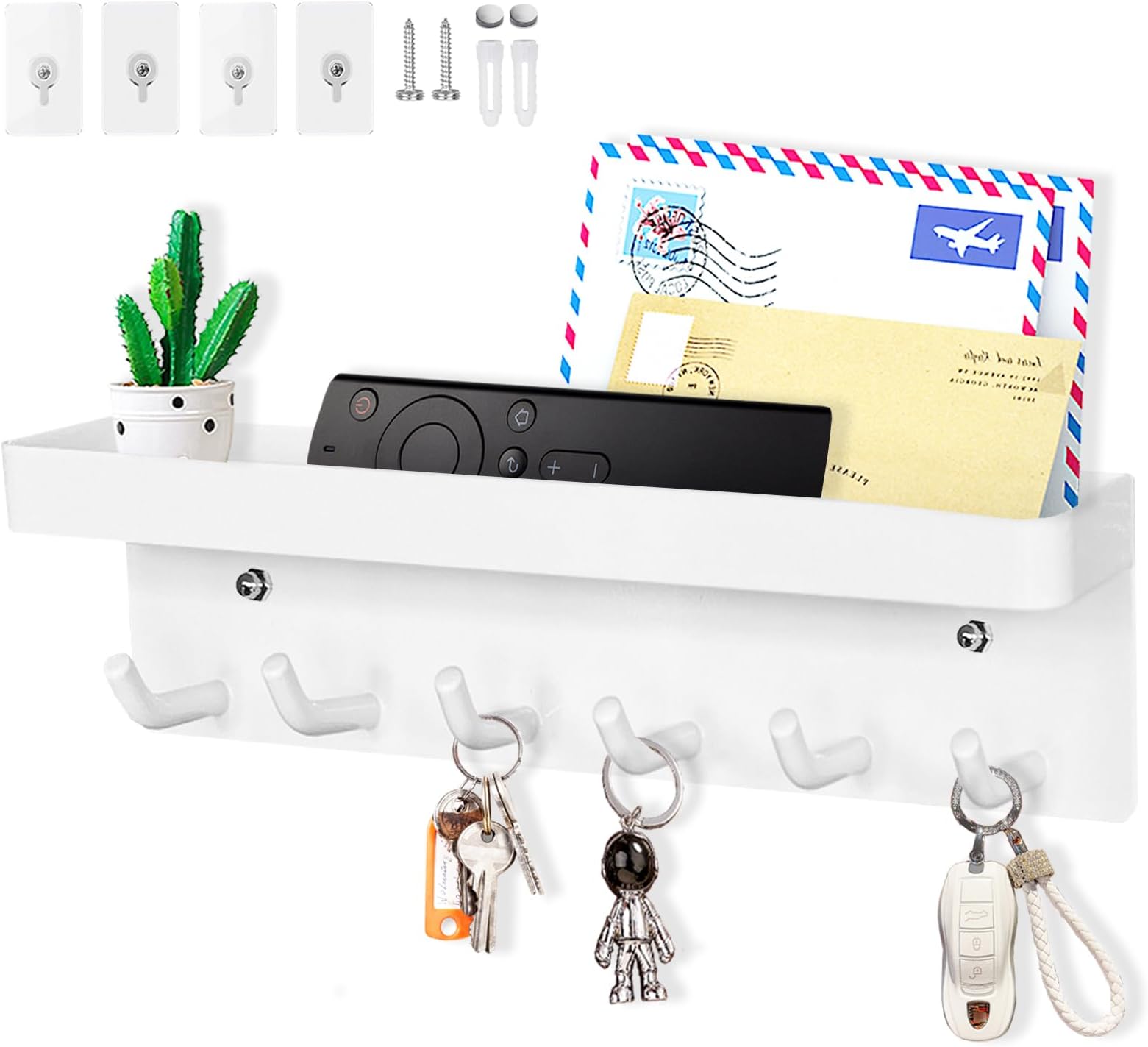 Echehi 6 Hooks Key Holder, Self-Adhesive or Drilled Wall Key Rack, Key Hooks Wall Mounted for Entrance Areas, Offices, Bathrooms, Living Rooms (White)