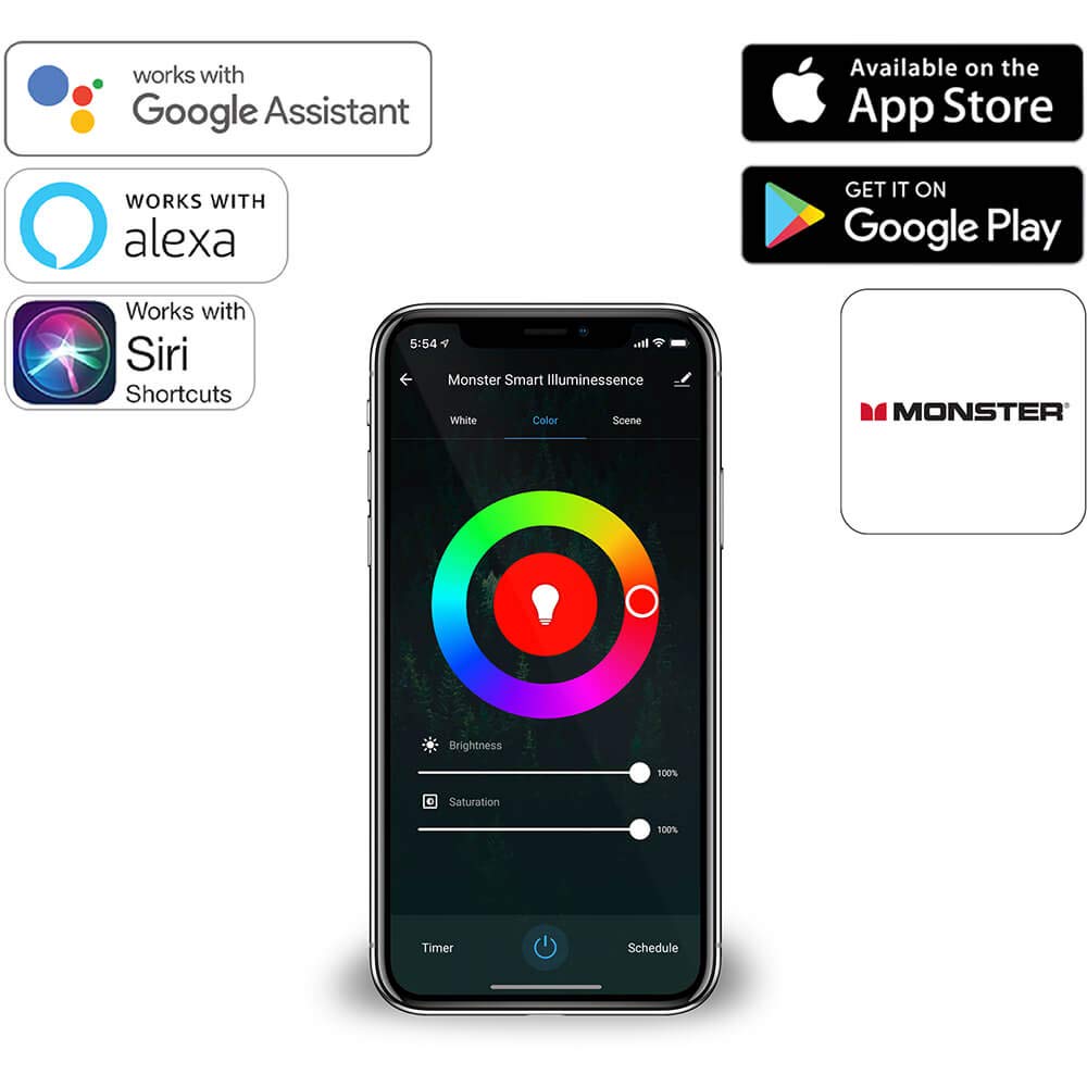 Monster 6.5-Foot Multicolor LED Light, 16,000,000 Color Possibilities, Customizable Settings, Smart App, Any Space, Voice-Control, Amazon Alexa, Google Assistant, Siri, Easy Installation