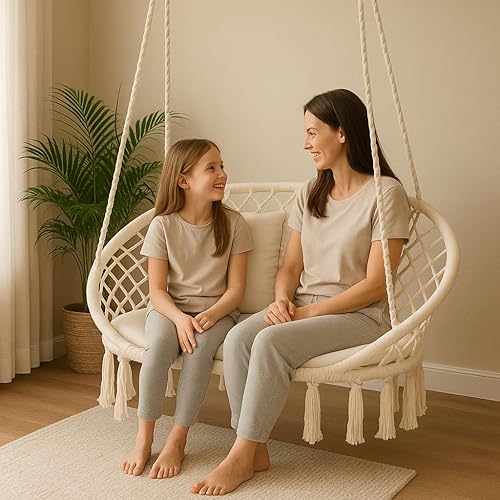 Miniatura 3 de Magshion Hamaca para exteriores, 2 almohadas incluidas, silla colgante portátil de macramé con bolsillo para libros y revistas, juego de sillas