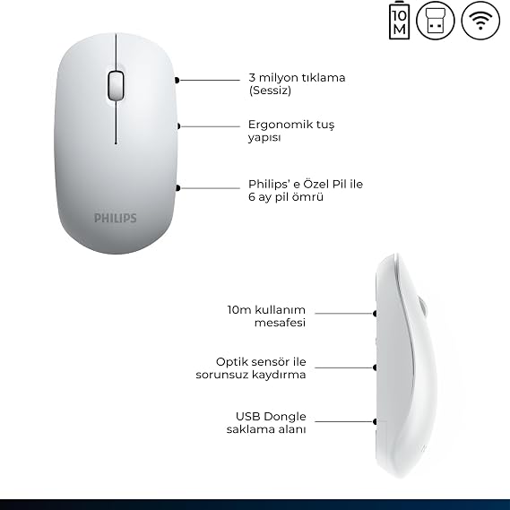 Philips SPK7315 Kablosuz 1200DPI 3 Tuşlu Optik Mouse Beyaz