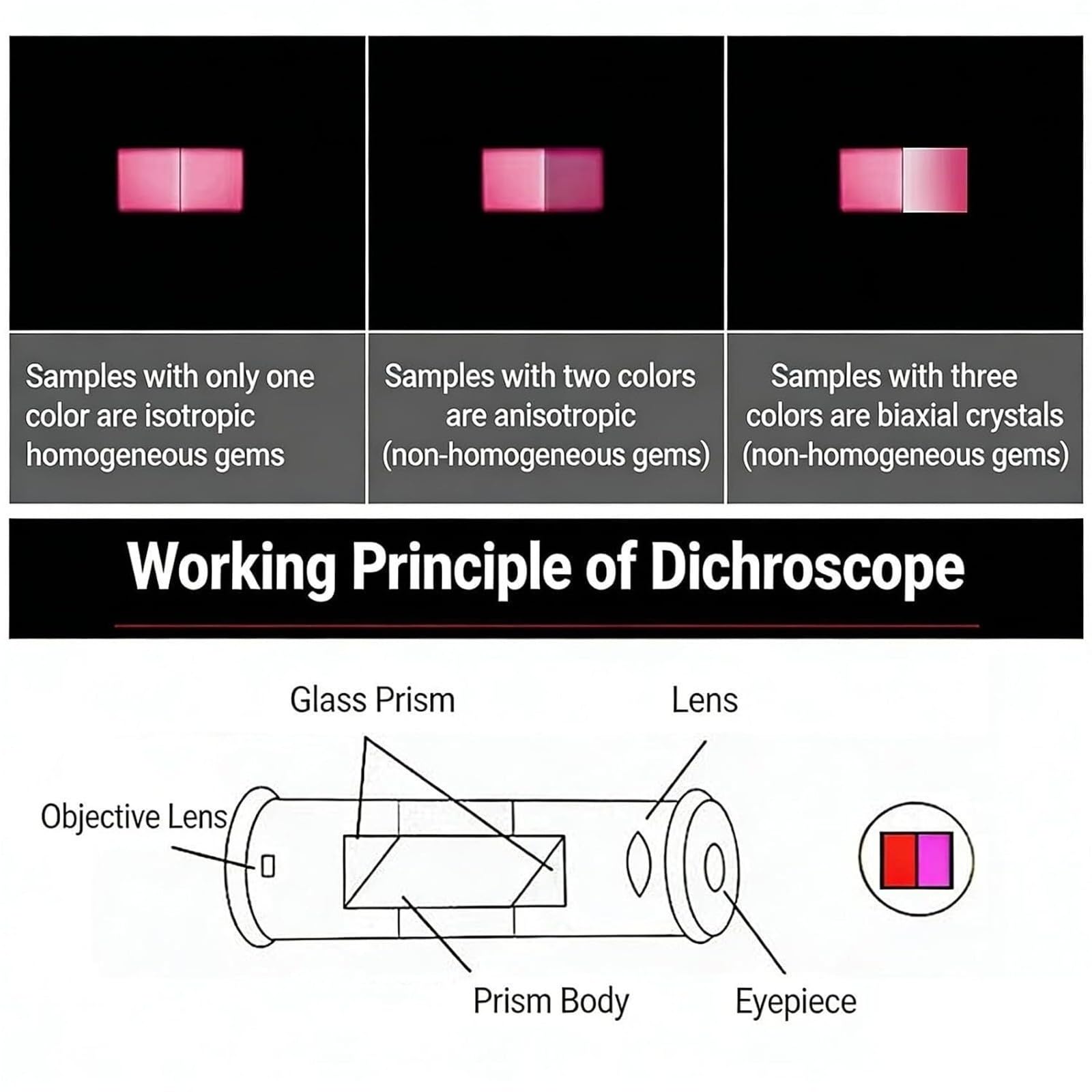 Specchio dicroico portatile in calcite, strumento di test multicolore