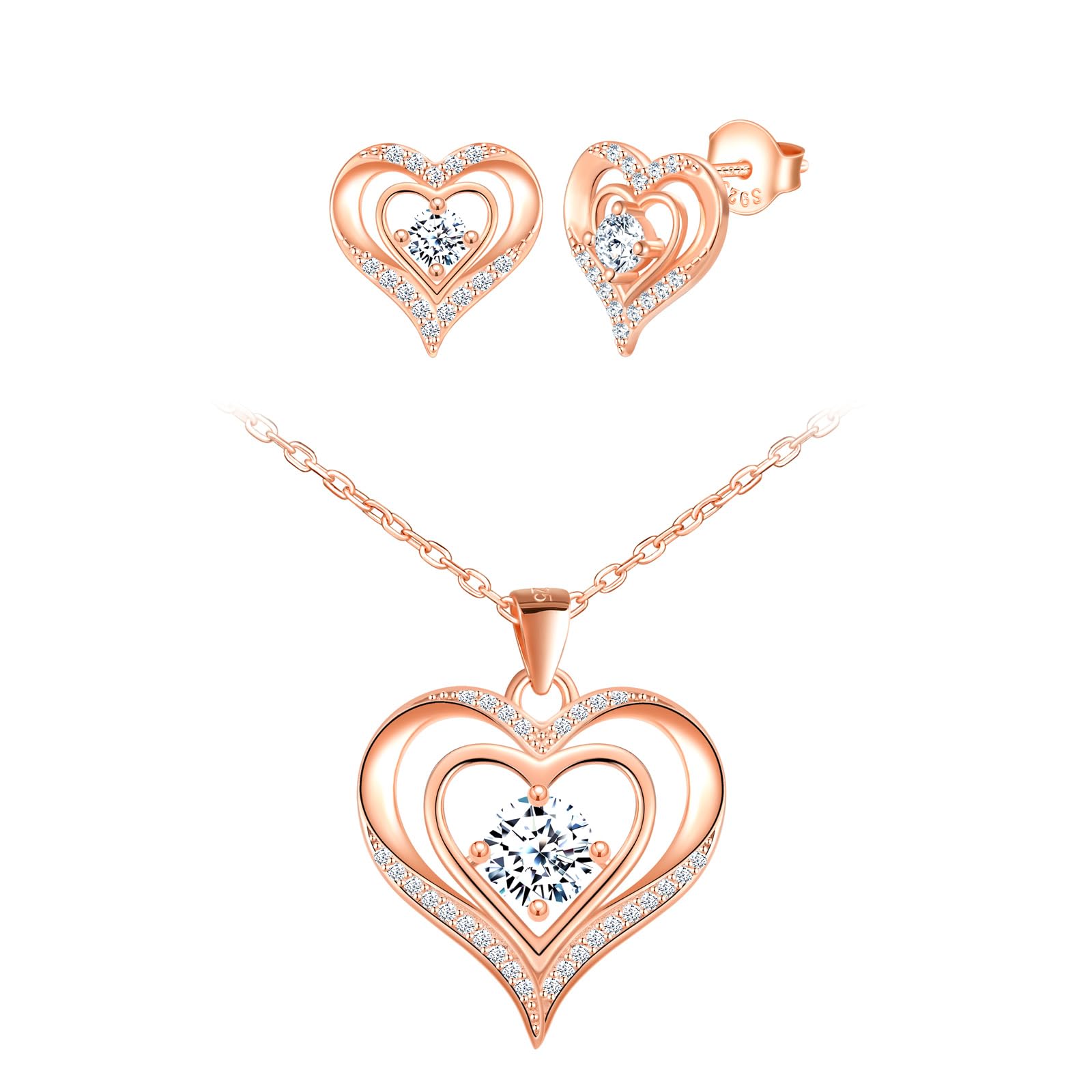 CONILOKJewellery Set Women's Necklace with Heart Earrings Silver 925 Stud Zircon Love Charm Pendant Necklace Gift for Her Women Girlfriend Teenager Girls Birthday Mother's Day Wedding Christmas Day
