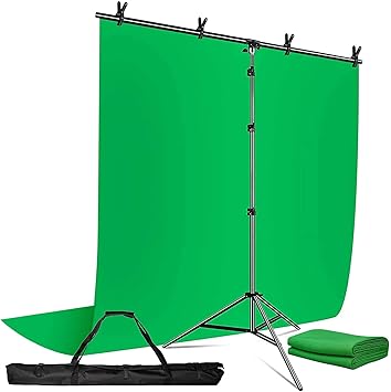 Boltove 6x10 ft Green Screen T-Shape Background Kit - 6x9FT Photography Backdrop with 1PC 6.5FT x 9FT T-Shape Backdrop Stands, 4PCs Spring Clamps, 1PCs Carry Bag