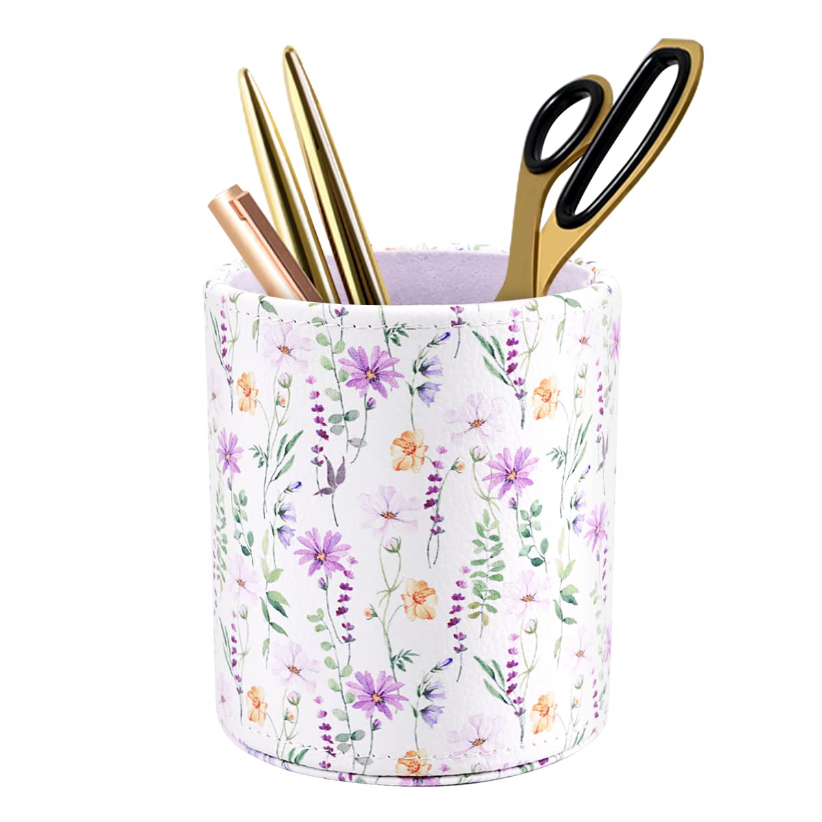 Pen Holder, Makeup Brush Holder Leather Cute Vintage Flowers Pattern Pencil Cup for Girls Kids Women Durable Stand Desk Organizer Storage Gift for Office, Classroom, Home, Cute Flower