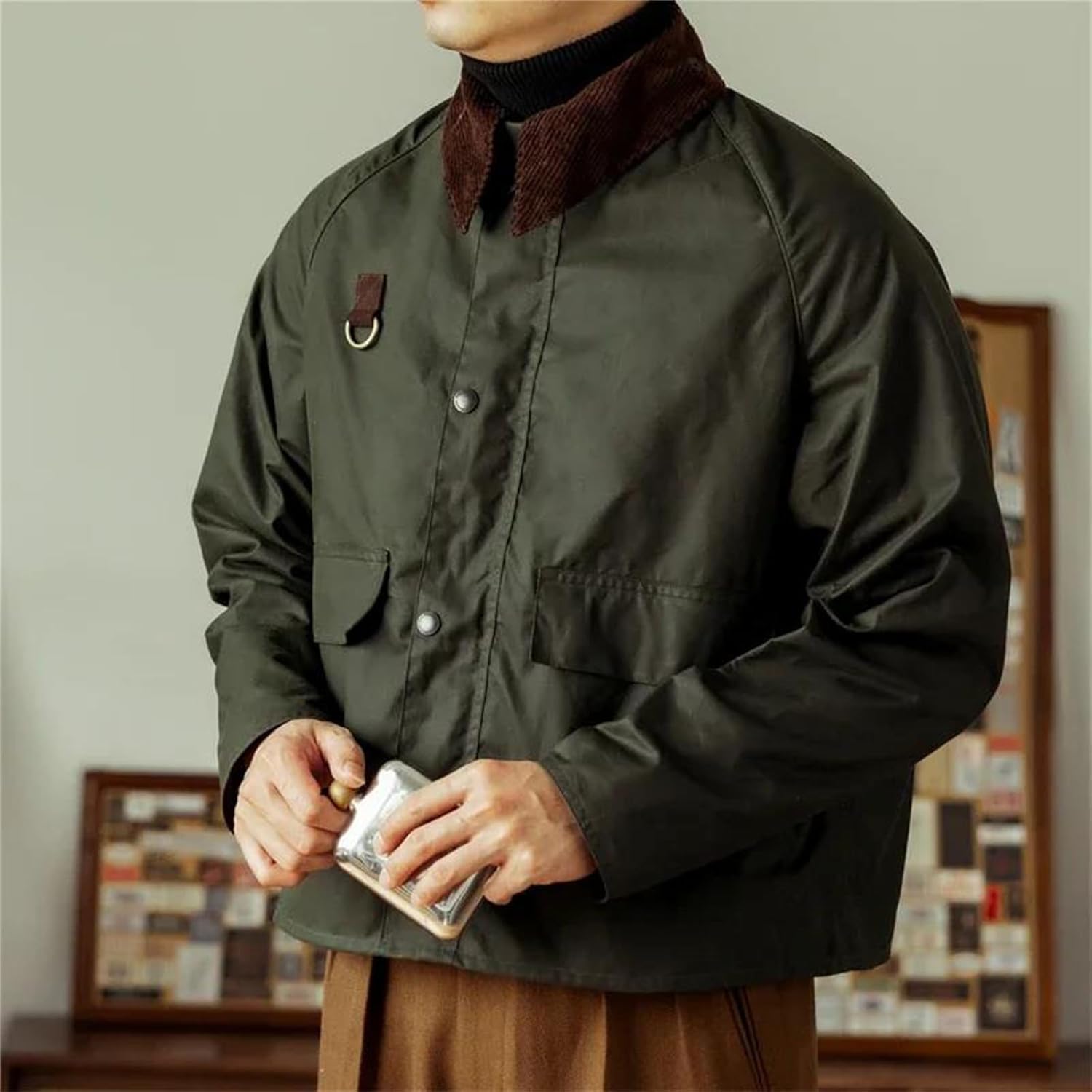 Men's Cotton Jacket Retro Outerwear Boxy Fit Short Length Zipper Lightweight Jacket