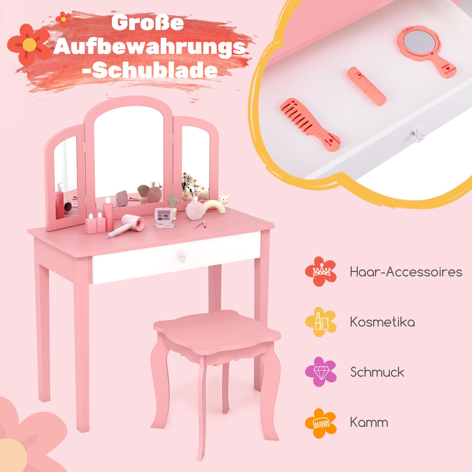 DREAMADE Schminktisch Kinder mit Hocker und abnehmbarem Spiegel,Prinzessin Frisiertisch, Frisierkommode, Kosmetiktisch, Kinderschminktisch mit Kiefernholz-Beine für Kinder Mädchen (Rosa)