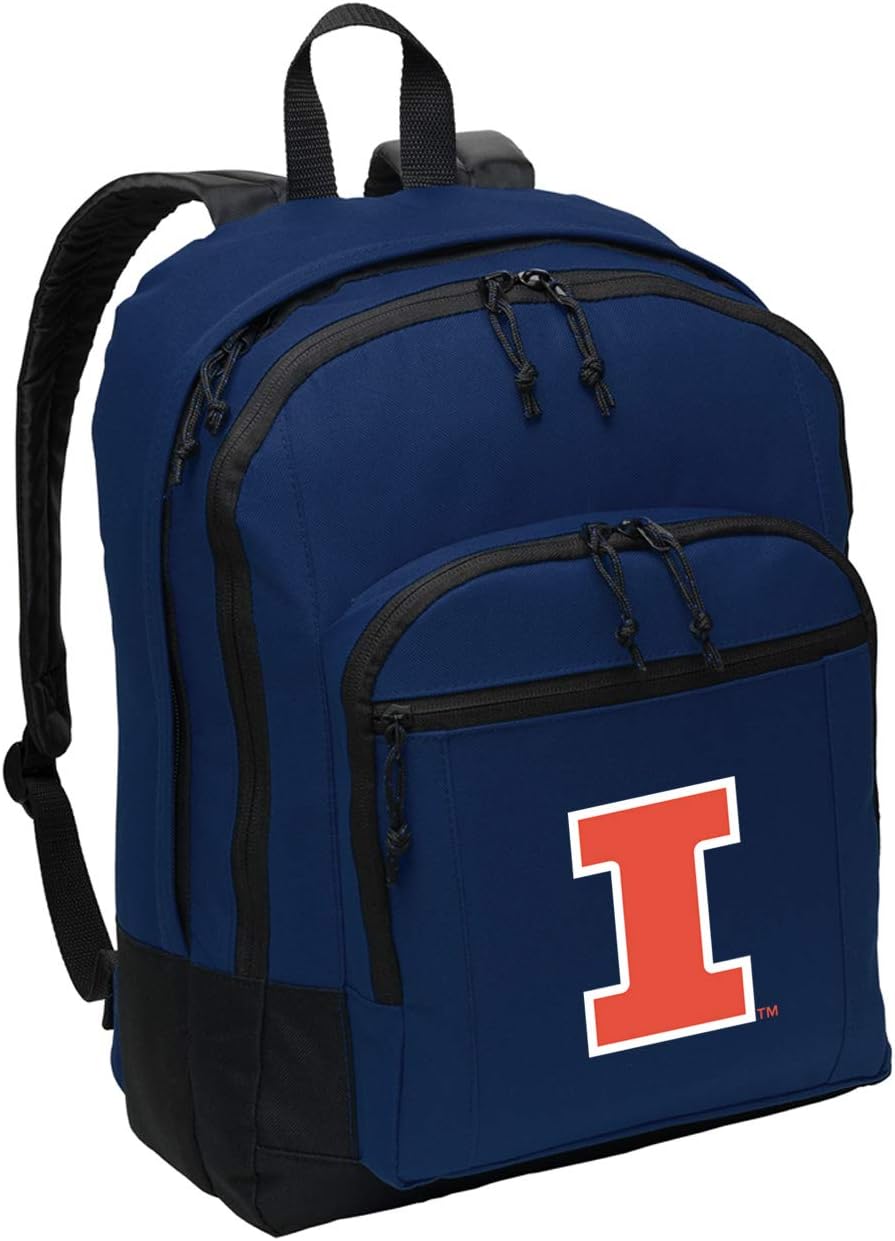 Broad Bay University of Illinois Backpack - MEDIUM SIZE - Classic Style Illini Backpack - Laptop Sleeve - Lightweight - Durable (Black)