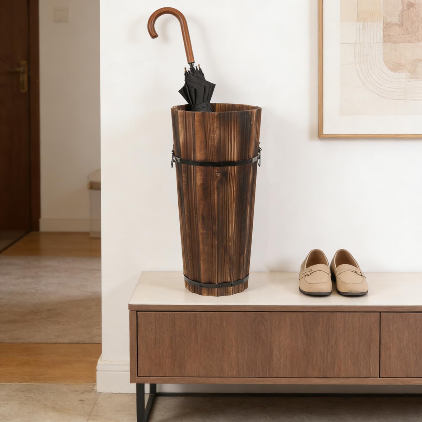 PRETYZOOM Paragüero de Madera Marrón de Diseño Hueco, Expositor de Paraguas con Gran Capacidad para Guardar Paraguas, Bastones y Abanicos en Casa