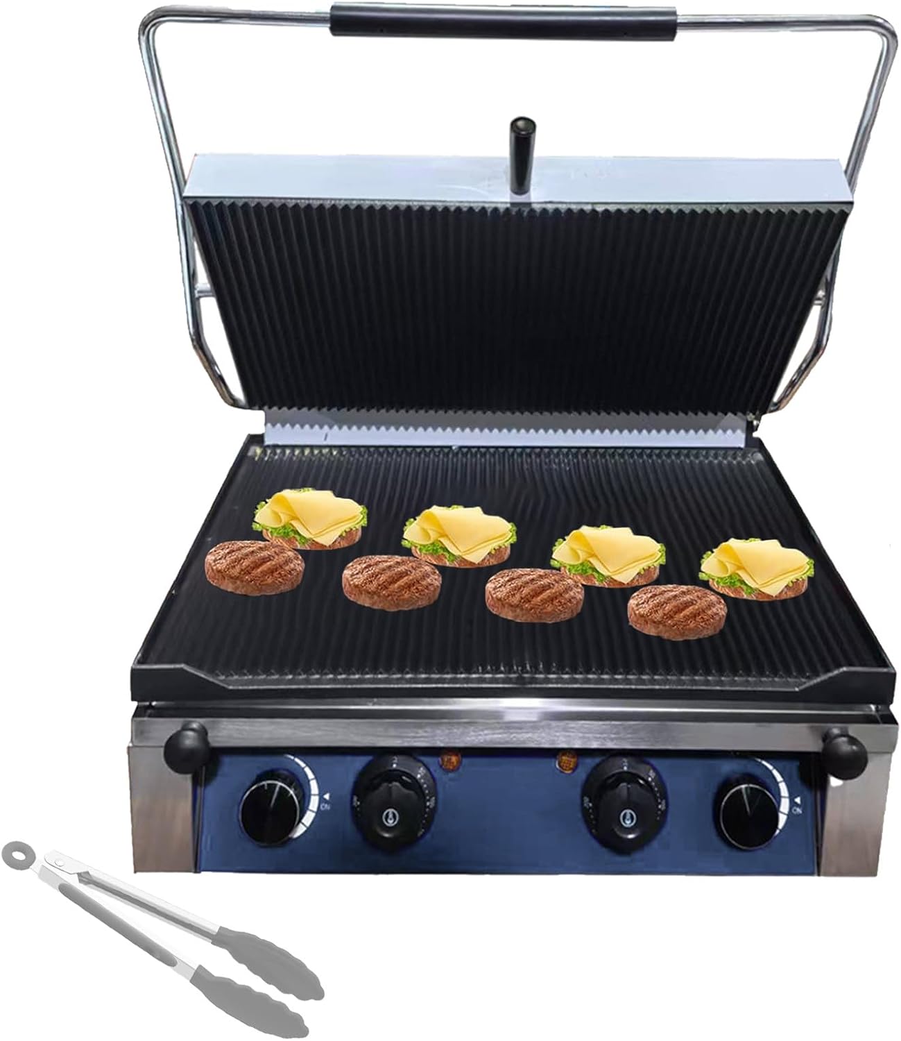 Double Electric Panini Grill, Grooved Cast Iron Top & Bottom Plates, 50°F–300°F Adjustable Temp, W Cooking Surface, Drip Tray, Cool-Touch Handle, Stainless Steel GasHeating