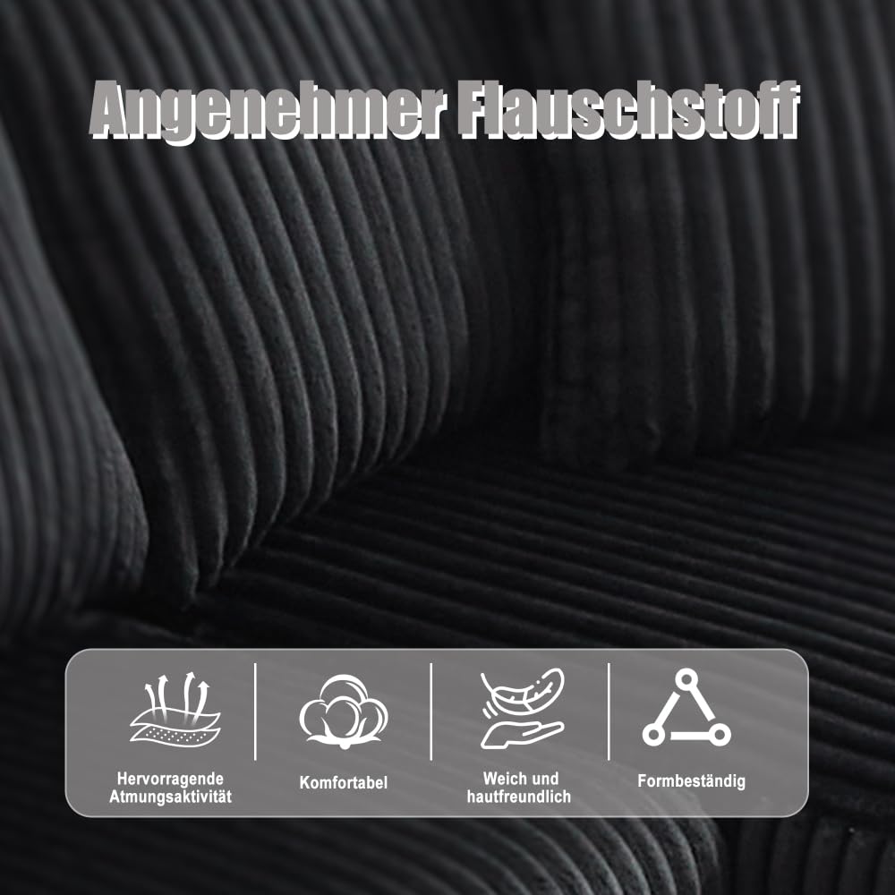 I0I&I0I Ensemble canapé modulaire avec méridienne et housse en velours côtelé 2 places avec 5 coussins porte-gobelets, pour le salon, l'appartement (noir + Corduroy + 3 sièges + mousse)