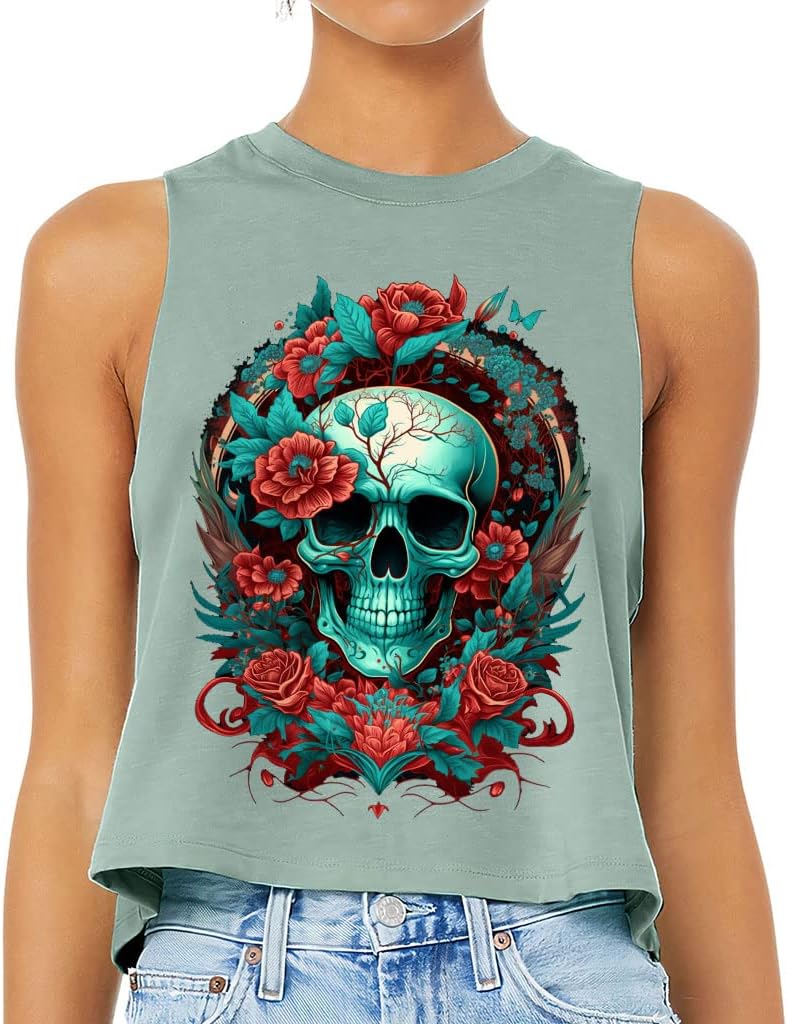Floral Skull Racerback Cropped Tank - Gothic Design Women's Tank - Graphic Tank Top - Heather Dusty Blue, M