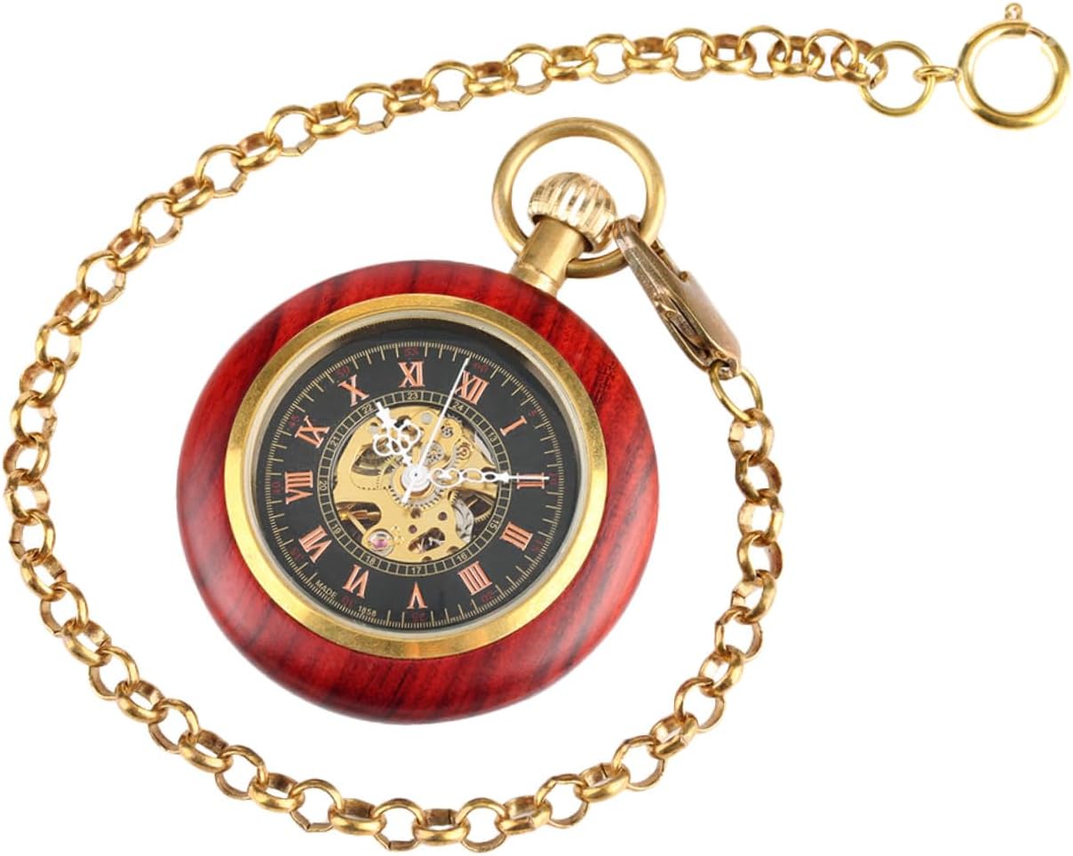 Vintage Mechanical Pocket Watch for Elderly with Roman Numerals, Wood Grain Case, Hanging Timepiece with Chain for Men