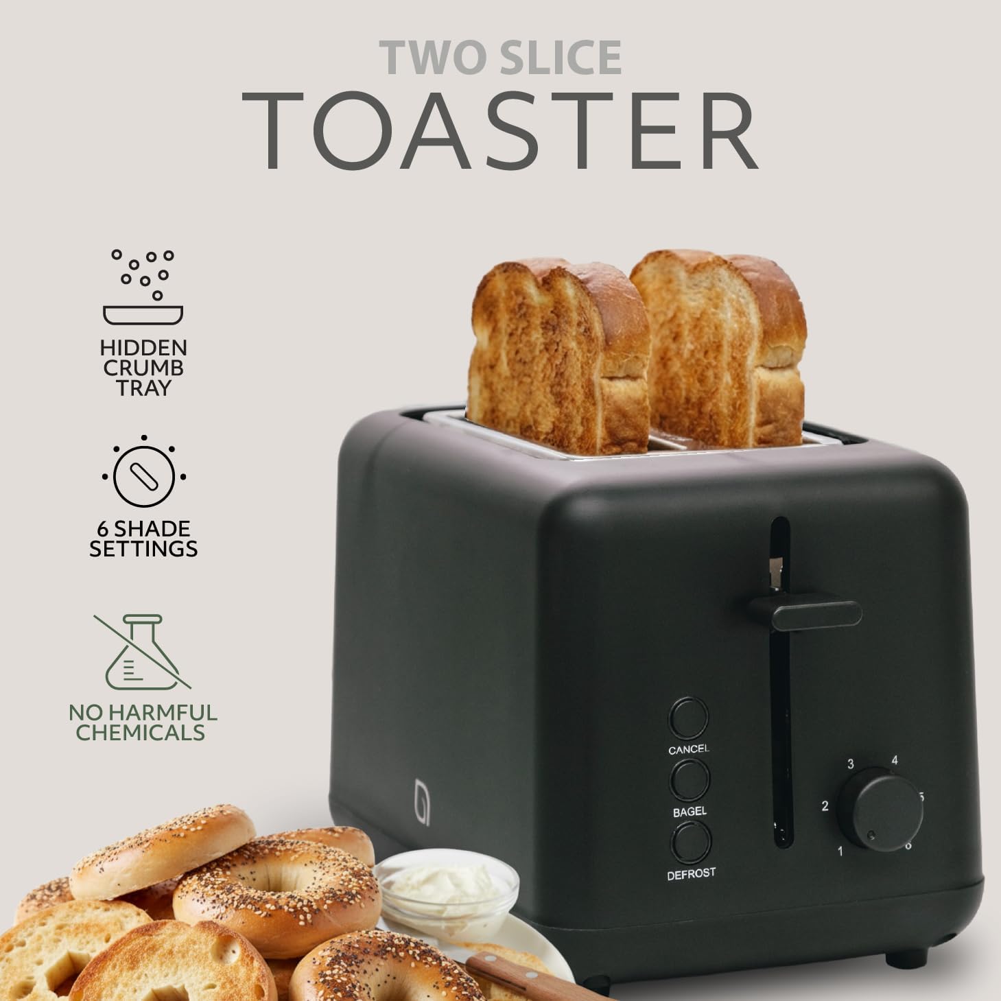 WILLOW Eco Series 2-Slice Toaster, Extra-Wide Slots for Bagels & Artisan Bread, 6 Shade Browning Settings, High-Lift Toast Boost, Removable Crumb Tray, Cancel/Defrost Buttons, Toaster 2 Slice