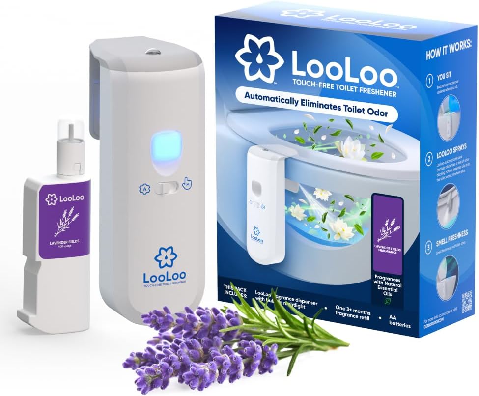The Only Touchless Toilet Spray That Eliminates Toilet Odor Before It Starts By Automatically Dispensing A Mist of Natural Essential Oils When You Sit. Starter Pack with Lavender Fields Fragrance