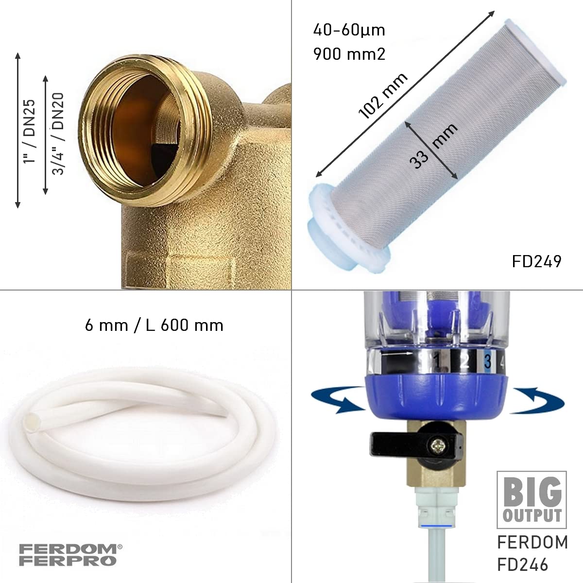 FERDOM FD246 BIG OUTPUT. Pre-Filtro, Sedimento Spin-Down. Maglia Inox 40-60 μm, 90 cm2, Riutilizzabile. Raschietto Inc. Testa In Ottone, Involucro Trasparente.